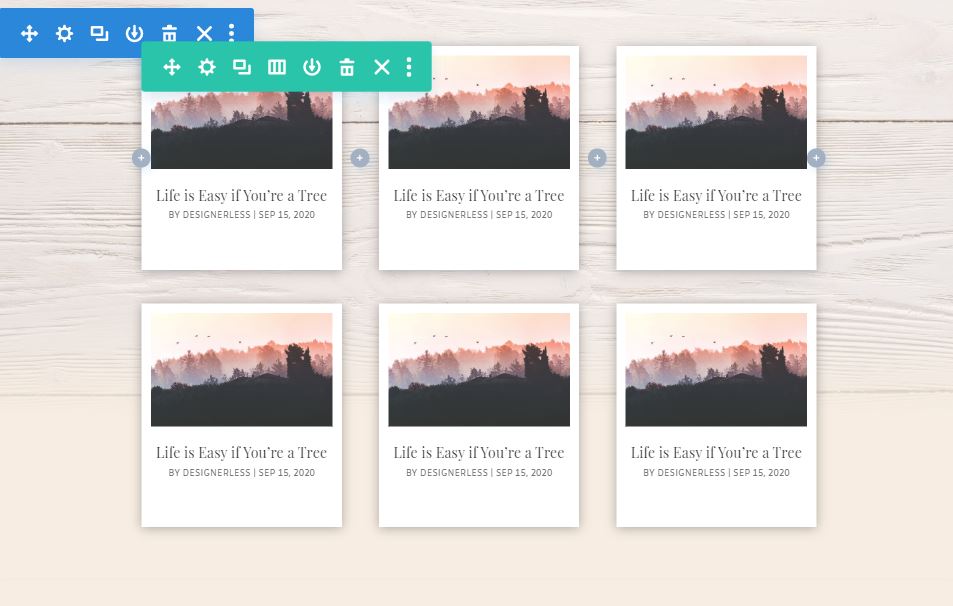 Image: Divi Polaroid Blog Cards two rows of three across